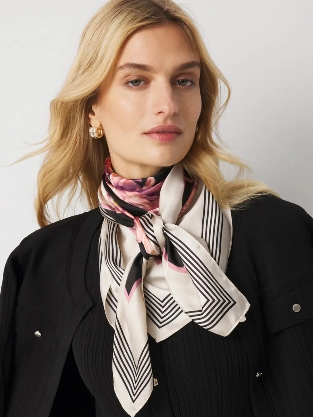 WHBM  Pink and Black Floral Square Scarf